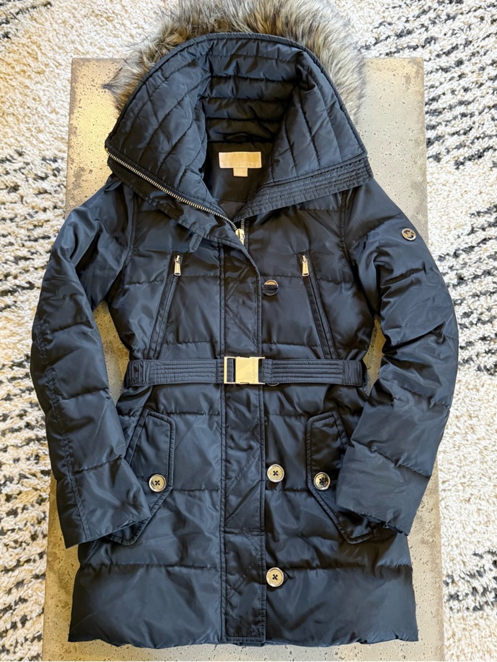 Black Quilted Puffer Coat with Belt and Fur Trim